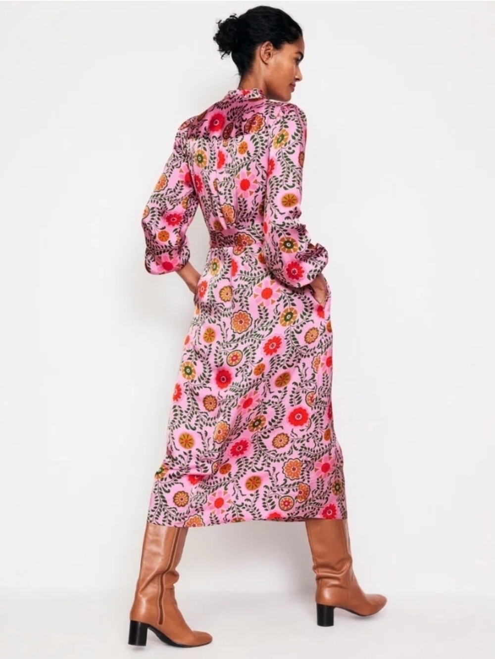 Boden Pink Floral Belted Midi Satin Dress - Size 14 - Picture 2 of 12